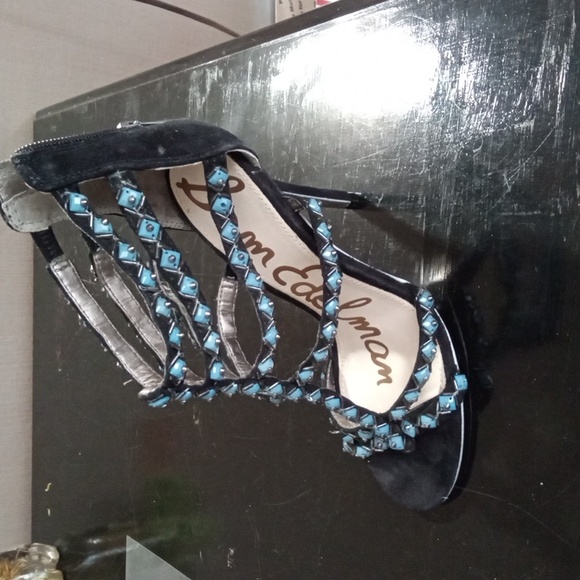 Sam Edelman Sz 8M Alina Black Turquoise Strappy Leather High Heels Zip Back NWOT - Picture 2 of 6